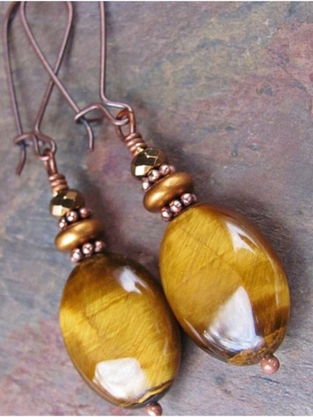 Golden Tiger Eye Gemstone Earrings in Copper